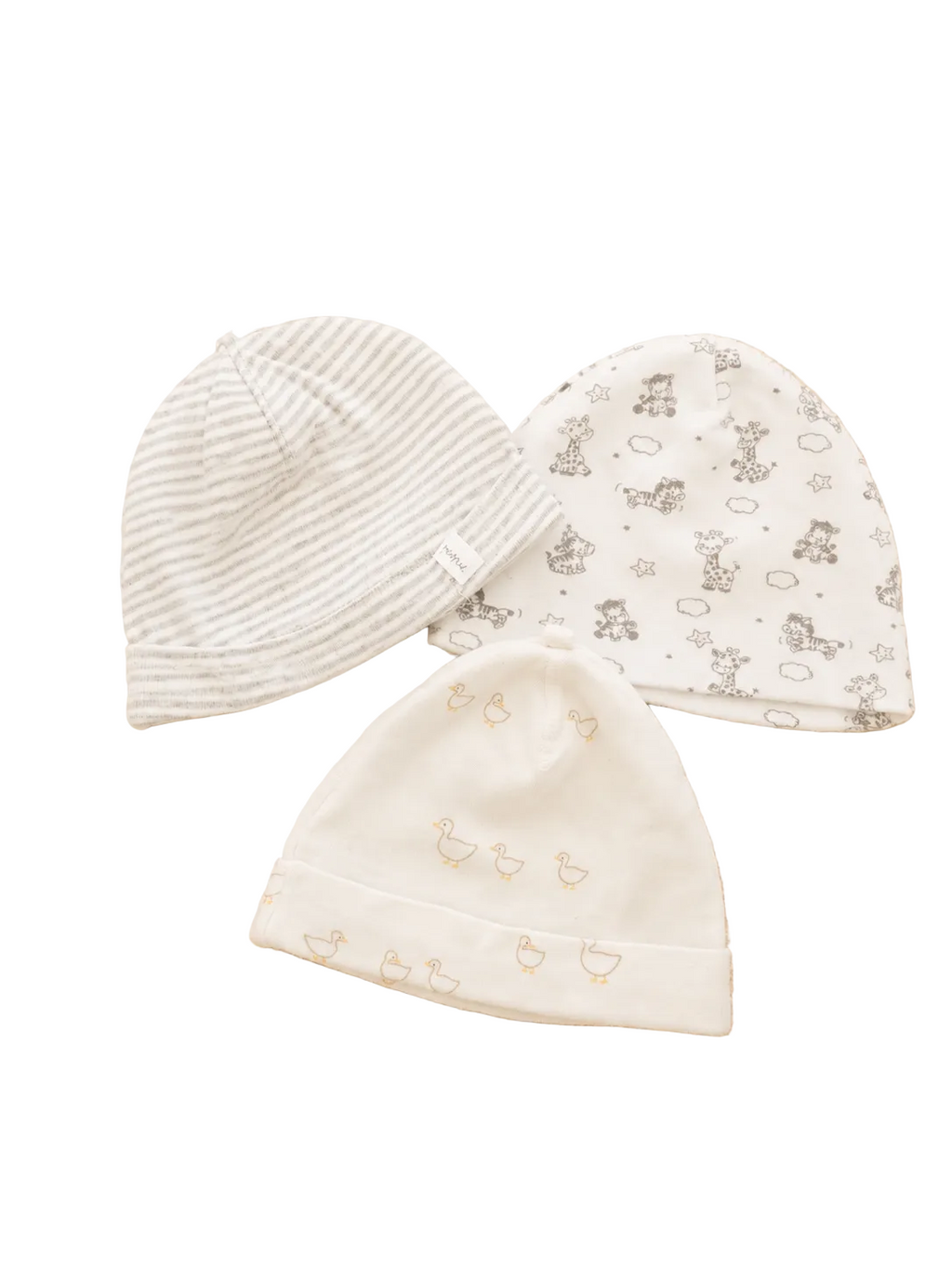 3er Set Baby Mützen Weiß und Grau mit Tiermotiven