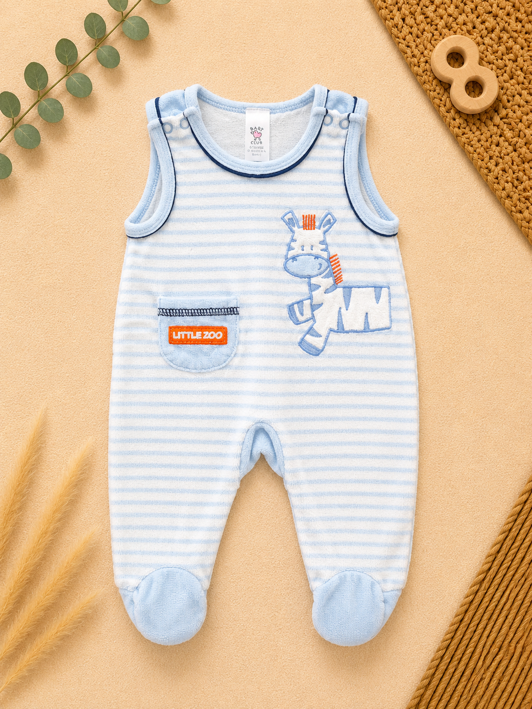 Baby Strampler Hellblau gestreift mit Zebra