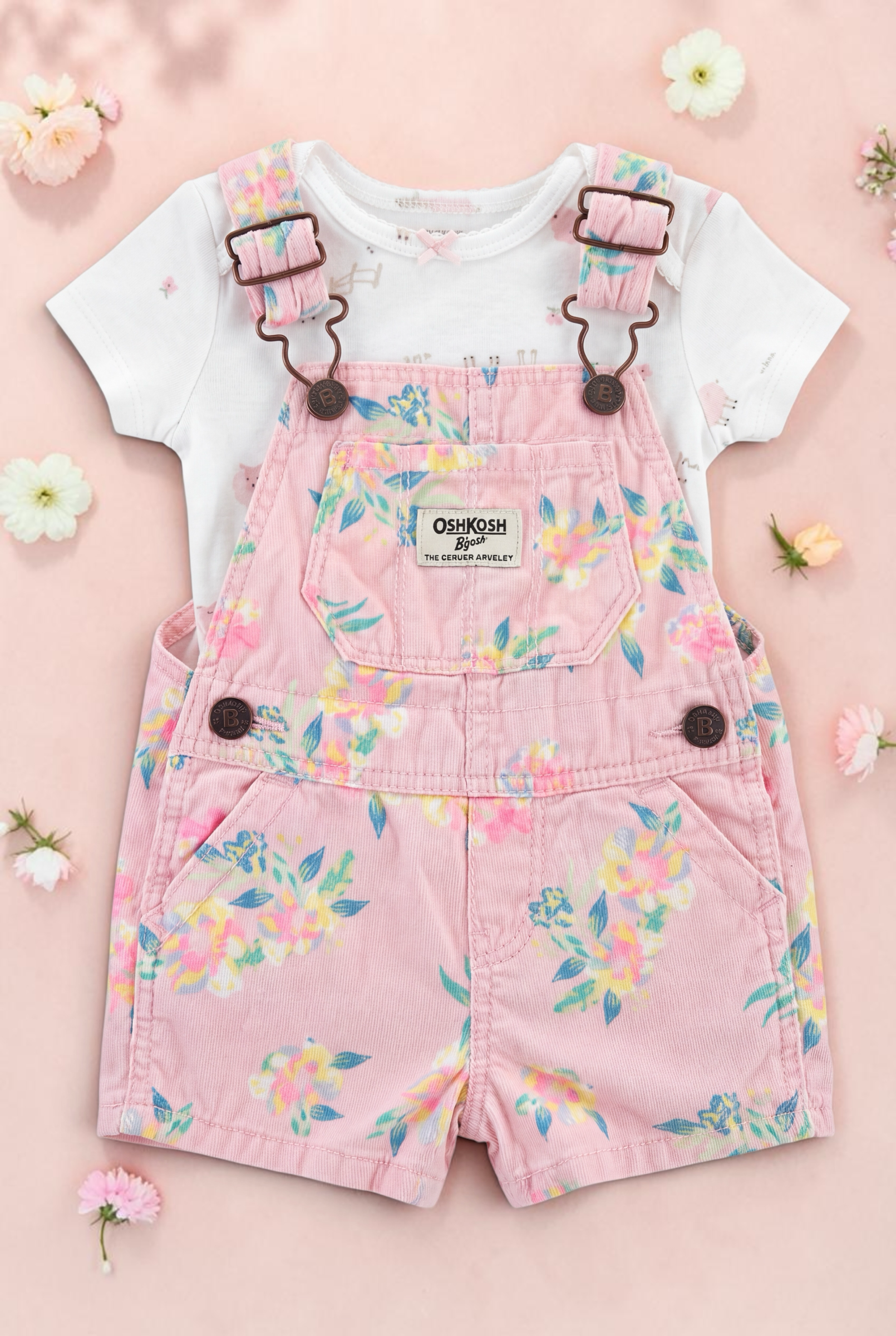 OshKosh B'gosh 2-teiliges Set Rosa Cord-Latzhose Blumenmuster & Weiss T-Shirt