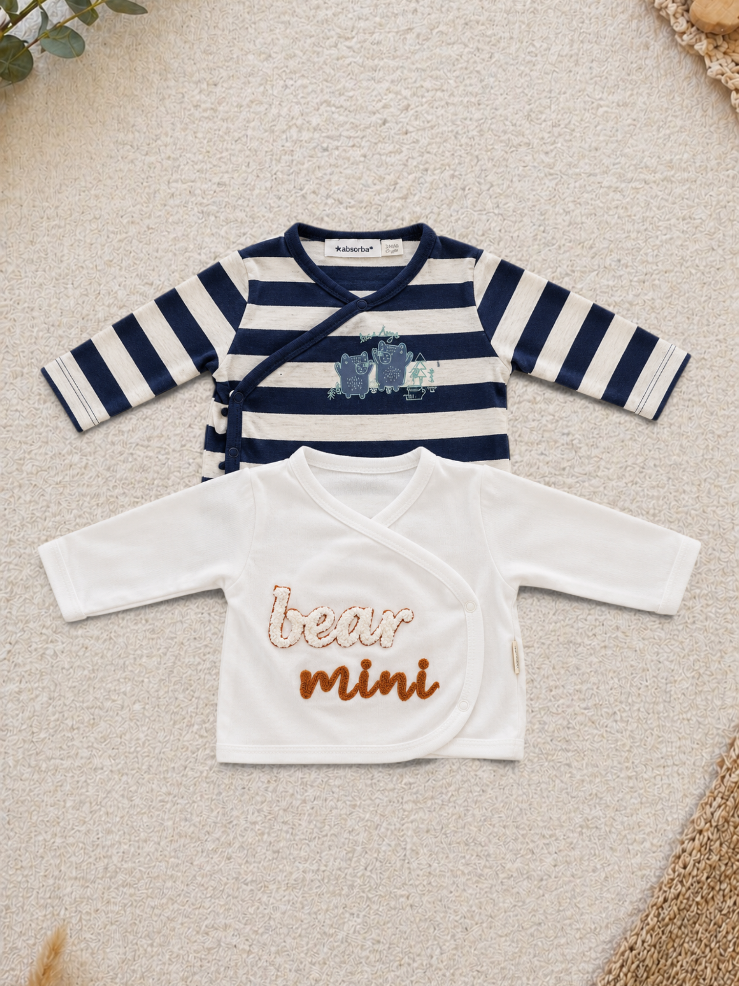 Absorba 2er-Pack Wickelshirt Navy Gestreift & Weiss Bear Mini