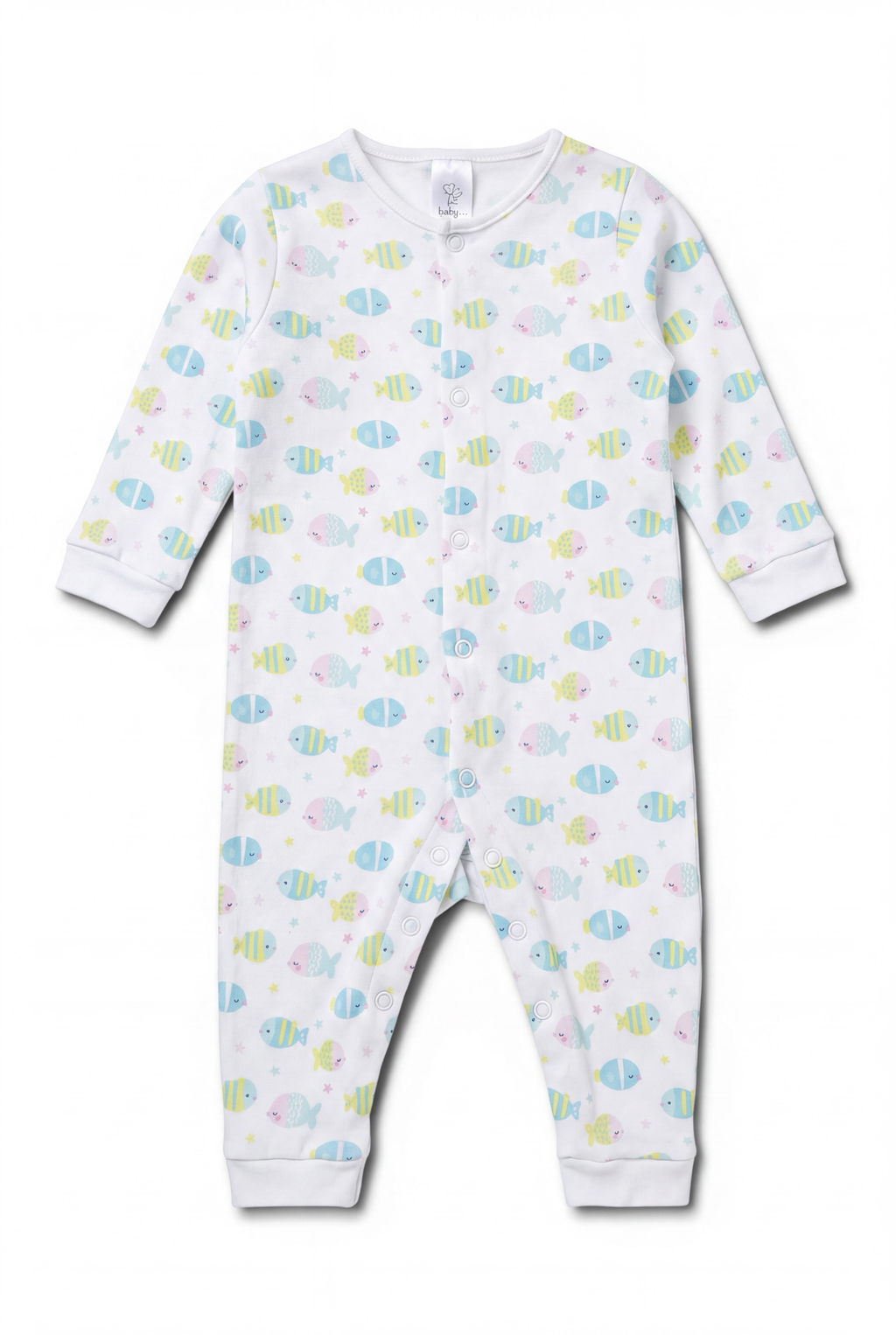 Lieblingsstücke by Bebo Baby-Strampler in Weiß mit buntem Fisch-Muster, Druckknöpfen und elastischen Bündchen.