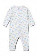 Lieblingsstücke by Bebo Baby-Strampler in Weiß mit buntem Fisch-Muster, Druckknöpfen und elastischen Bündchen.