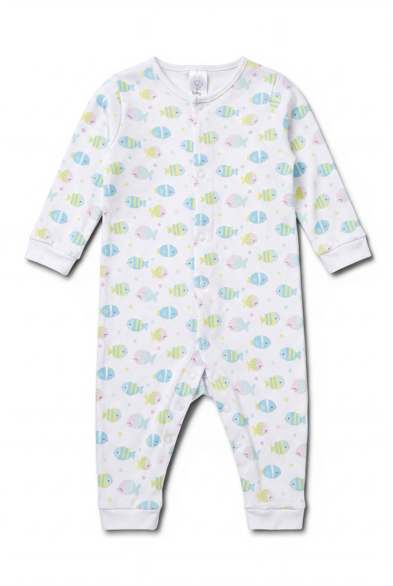 Lieblingsstücke by Bebo Baby-Strampler in Weiß mit buntem Fisch-Muster, Druckknöpfen und elastischen Bündchen.