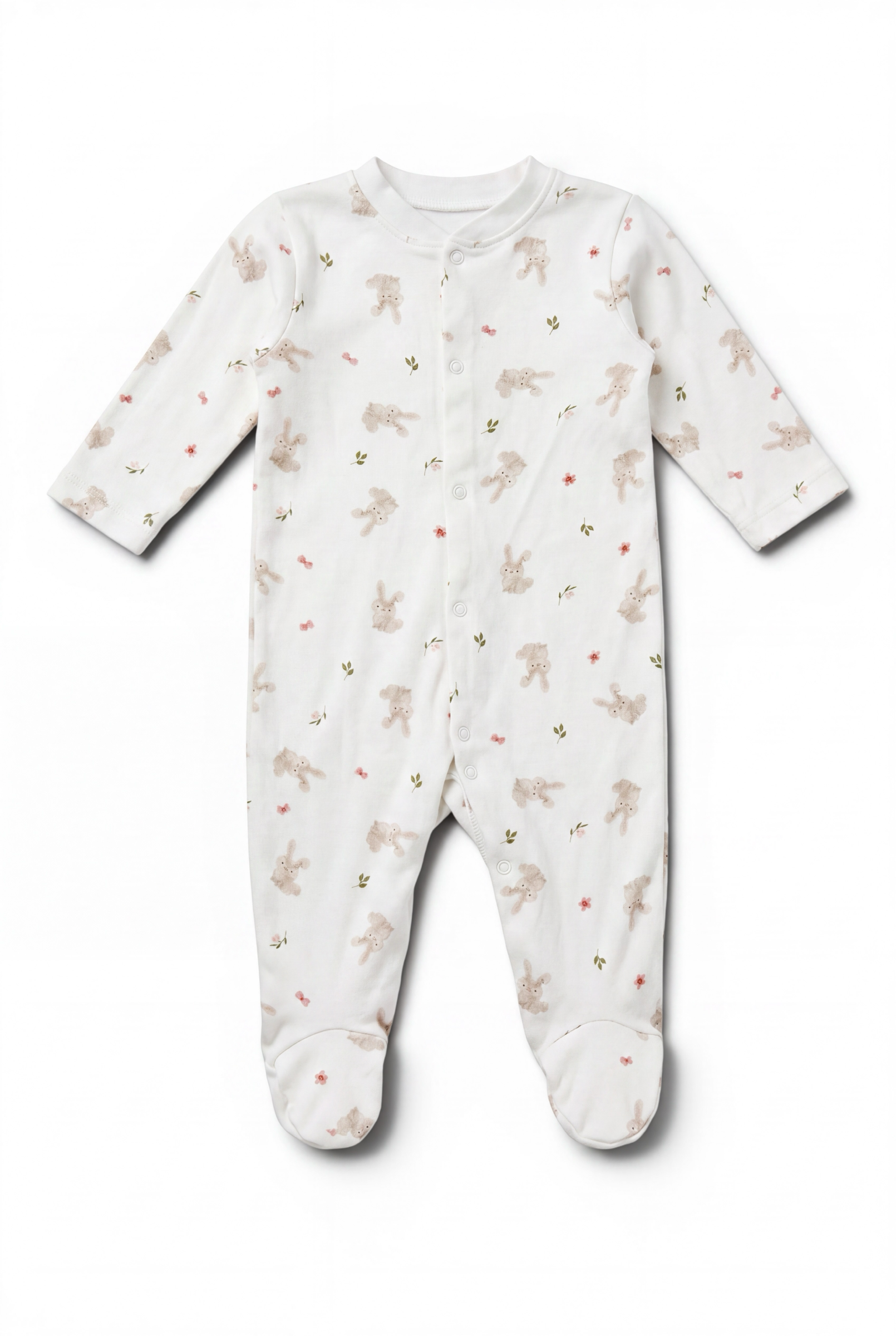 Lieblingsstücke by Bebo Baby-Strampler mit Hasen- und Blumenmuster, langärmelig mit Druckknöpfen und Füßchen.