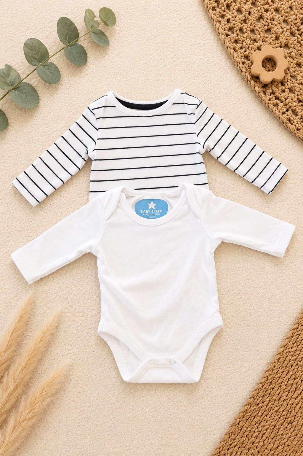 Baby Sleep 2er-Pack Bodys Langarm Weiss & Schwarz-Weiss Gestreift