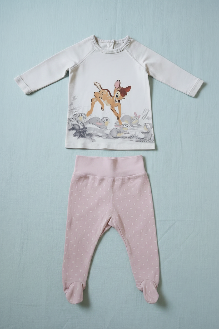 H&M/C&A 2-teiliges Set Weiss Bambi-Print & Rosa Sternchen-Strampelhose