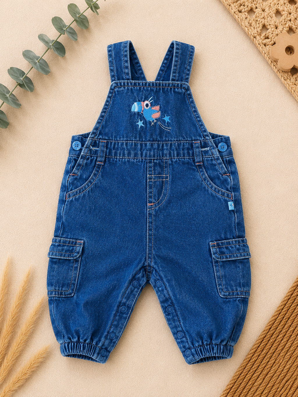 Jeans-Latzhose Blau Cargo Papagei-Stickerei