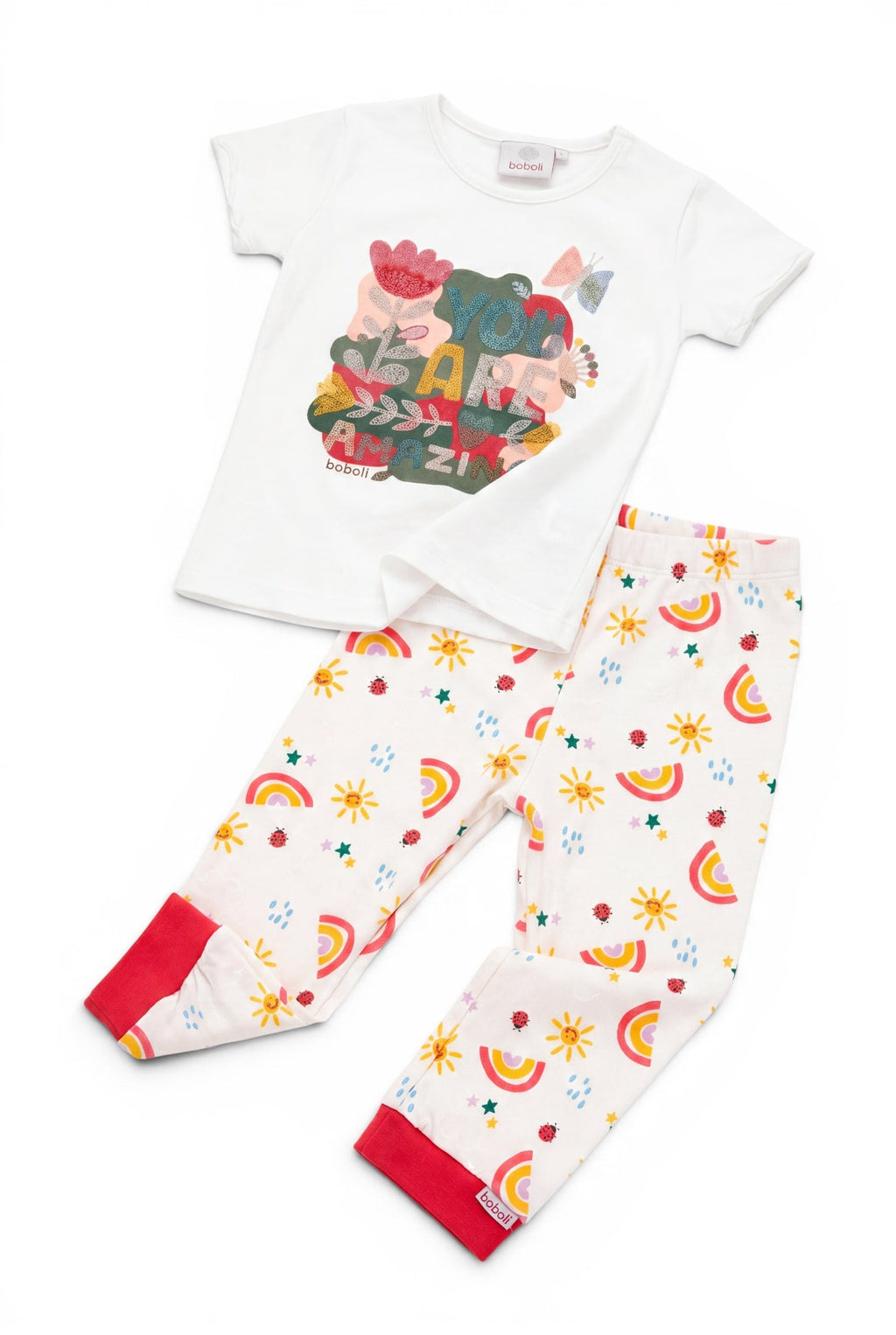 Boboli 2-teiliges Set Weiss Blumen-Print T-Shirt & Creme Regenbogen-Hose