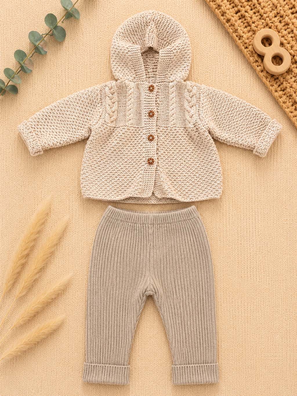 Strickset Beige Kapuzenjacke und Hose