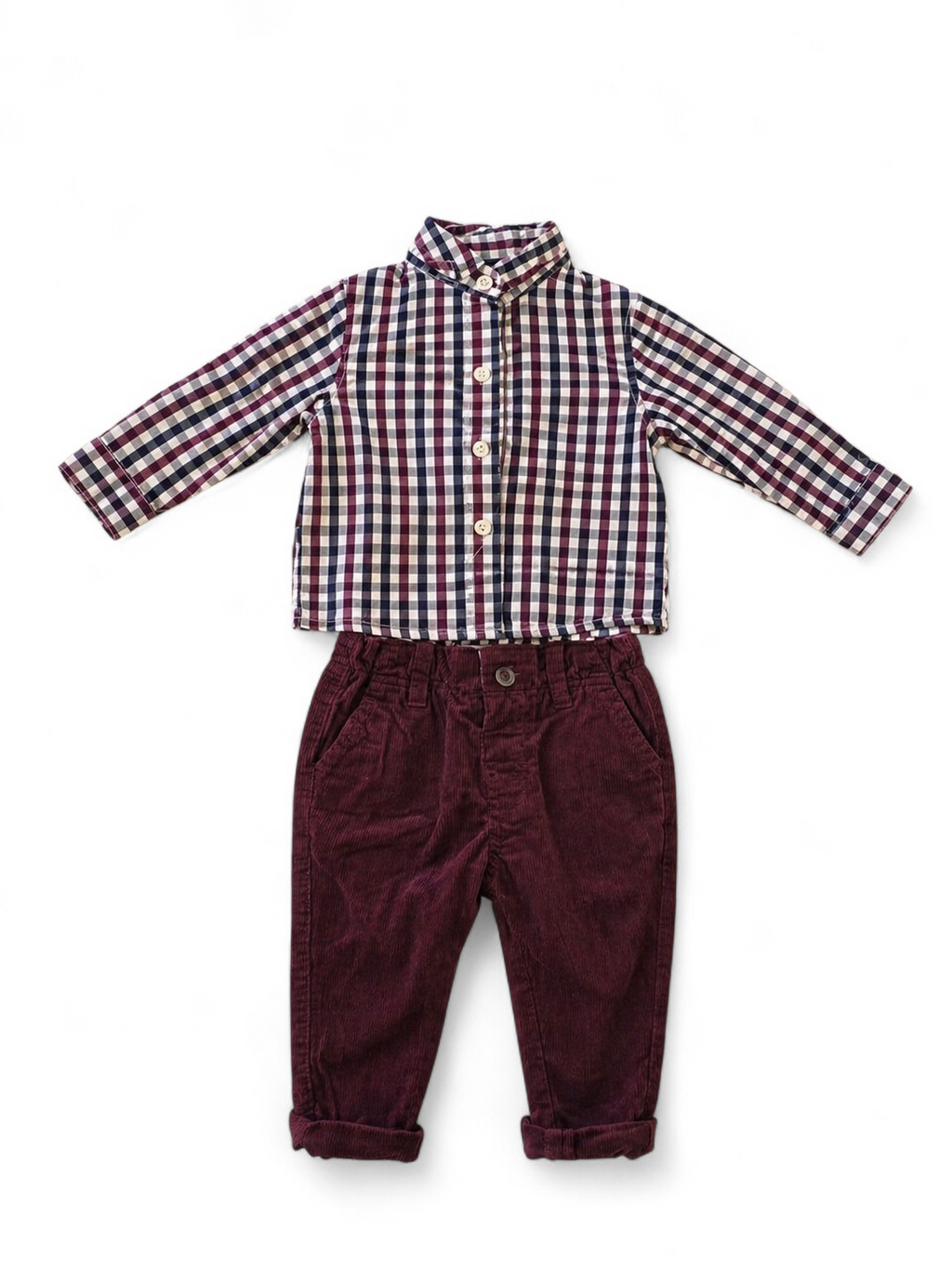 Baby Set – Kariertes Hemd & Bordeaux Cordhose