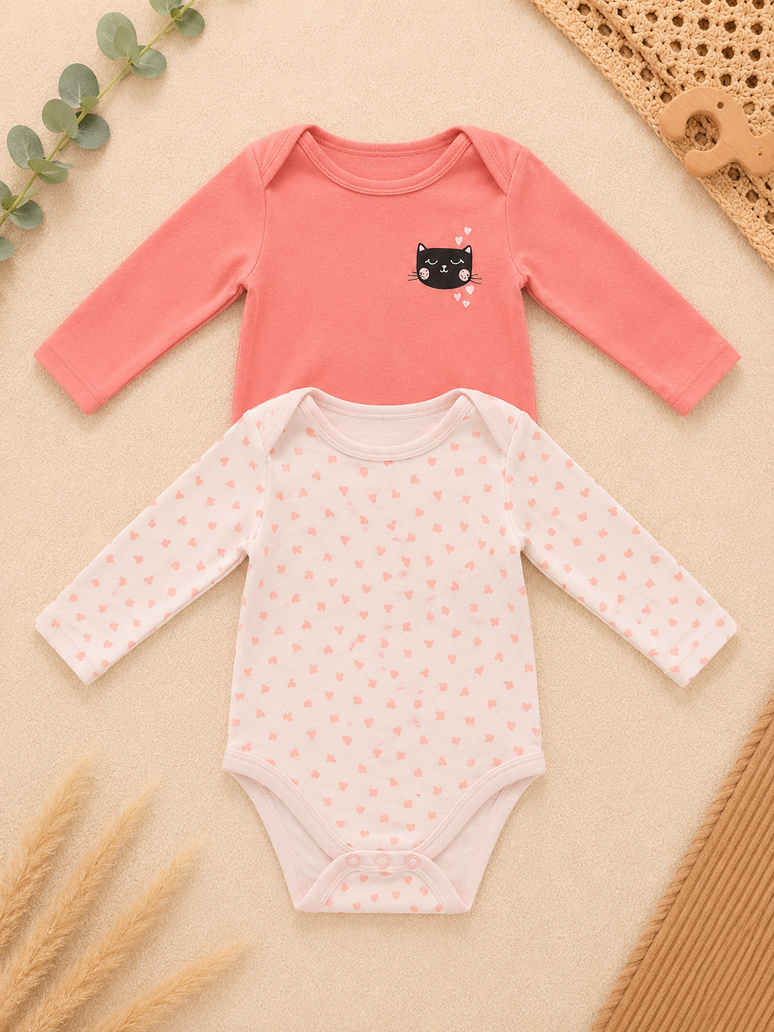 2er-Pack Baby-Bodys Langarm Katze & Herzchen
