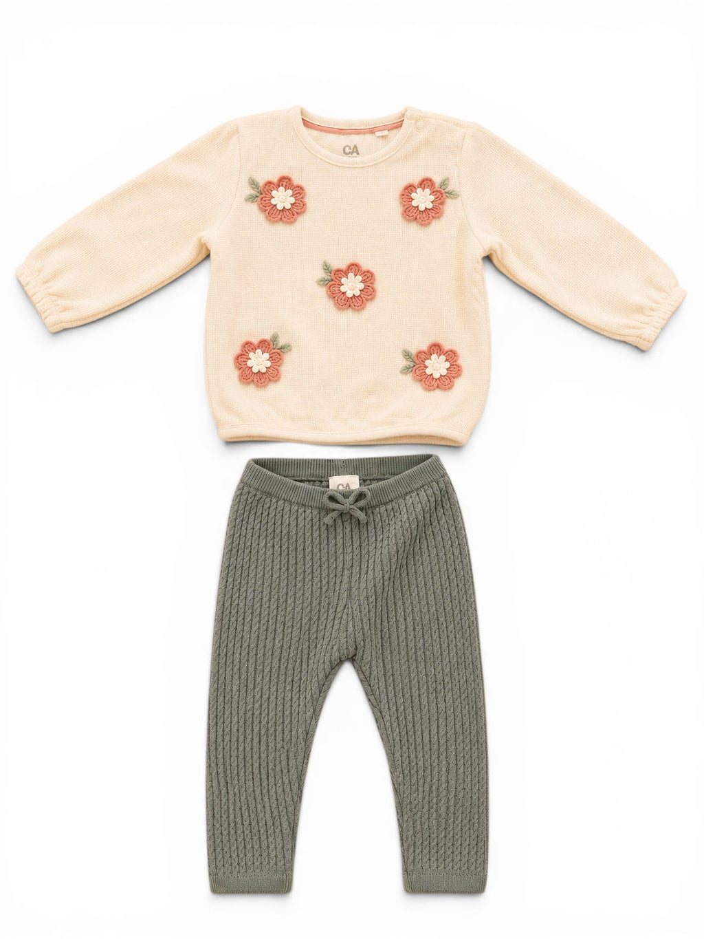 C&A Baby-Set Strickpullover Creme Blumen & Strickhose Grün