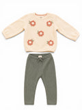 C&A Baby-Set Strickpullover Creme Blumen & Strickhose Grün