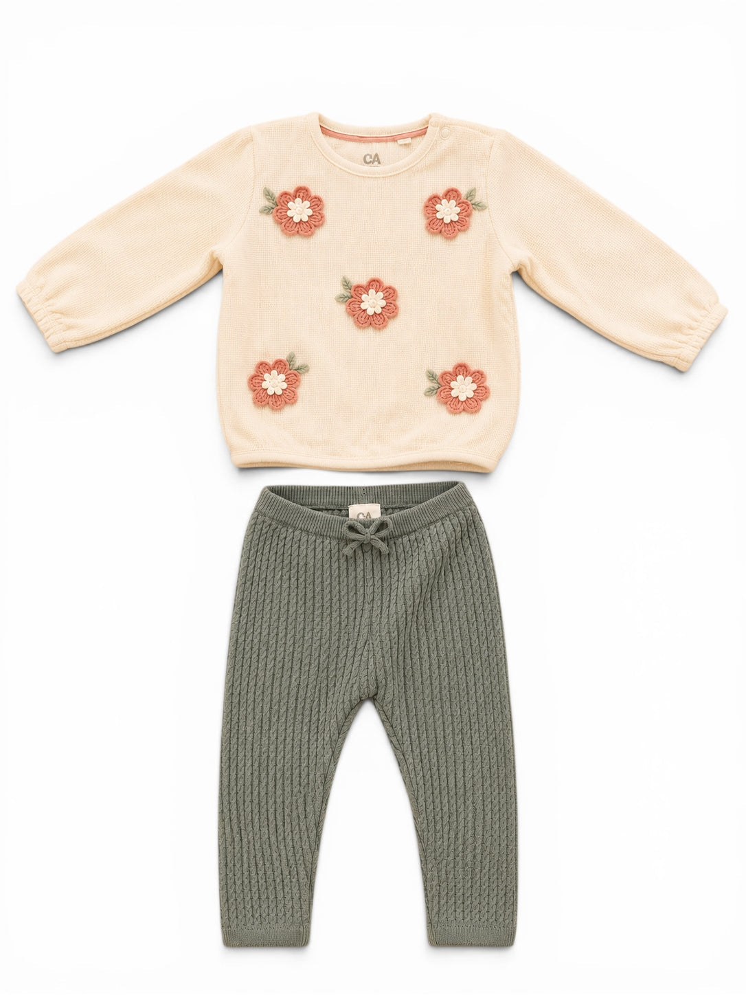 C&A Baby-Set Strickpullover Creme Blumen & Strickhose Grün