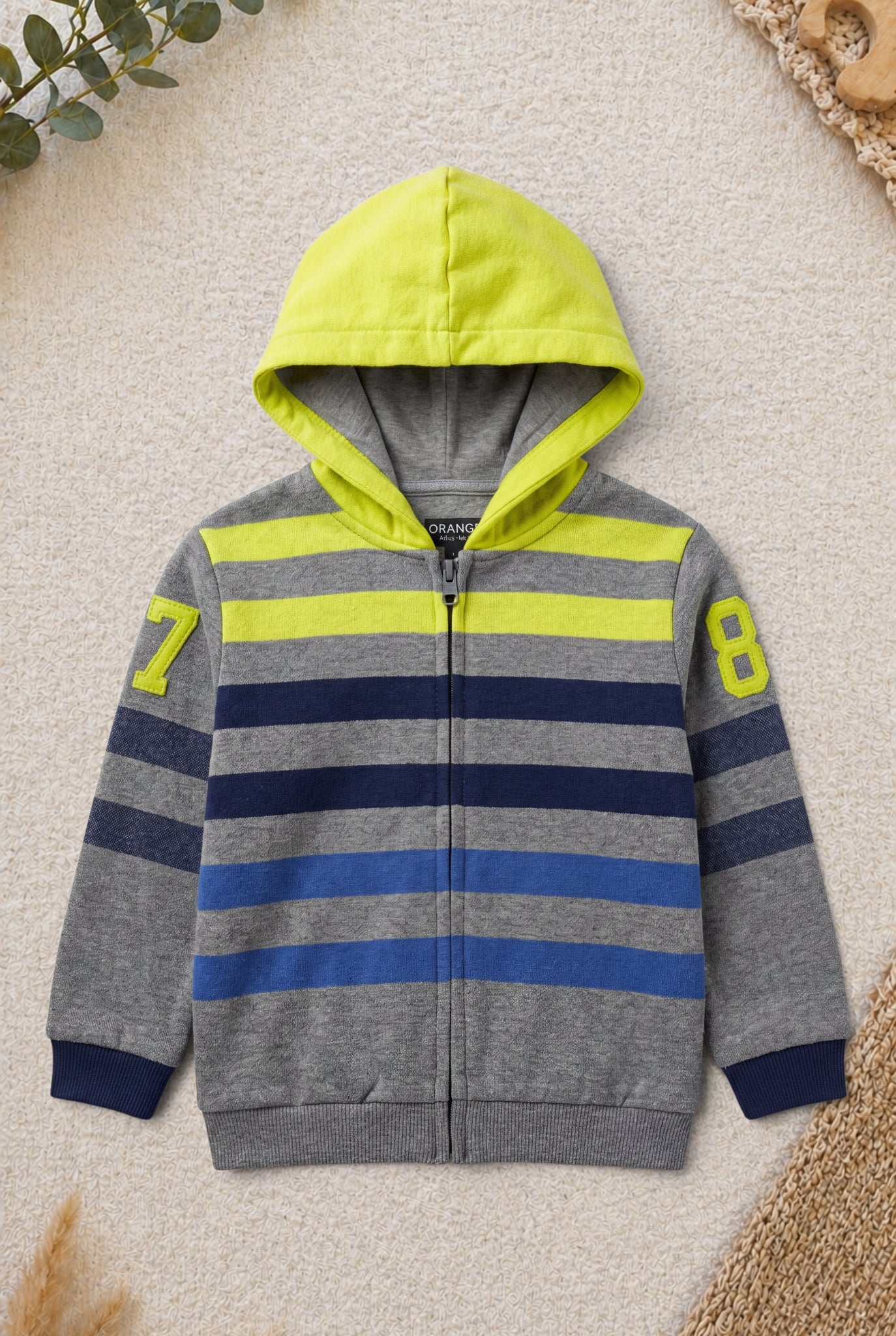 Zip-Hoodie Grau Gestreift Neongelb