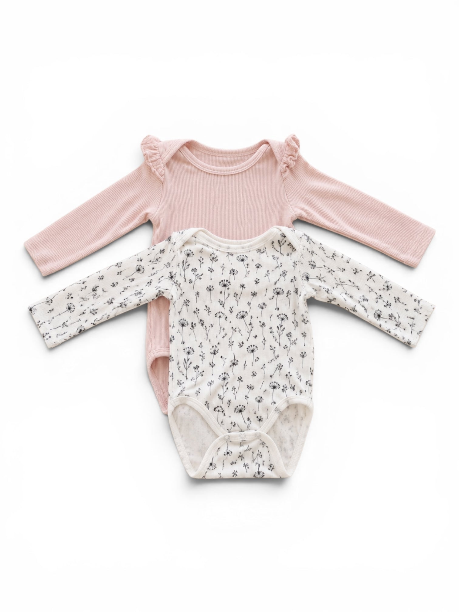 2er-Pack Langarm-Bodys Rosa Rüschenschultern & Weiss Pusteblumen