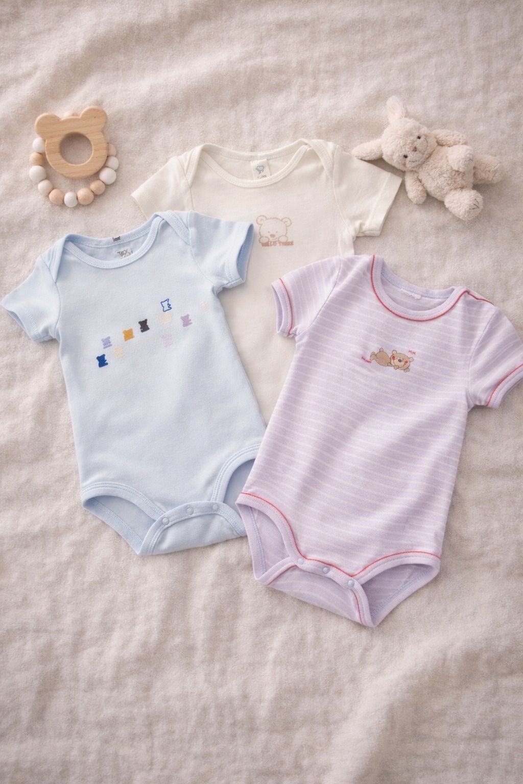 Lot de 3 bodies bébé ourson – Couleurs pastel