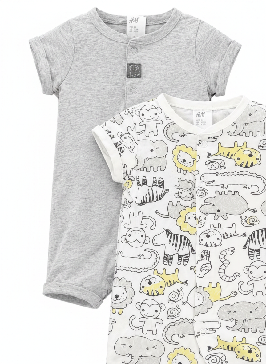 H&M 2er-Pack Kurzarm-Strampler Tiere/Grau