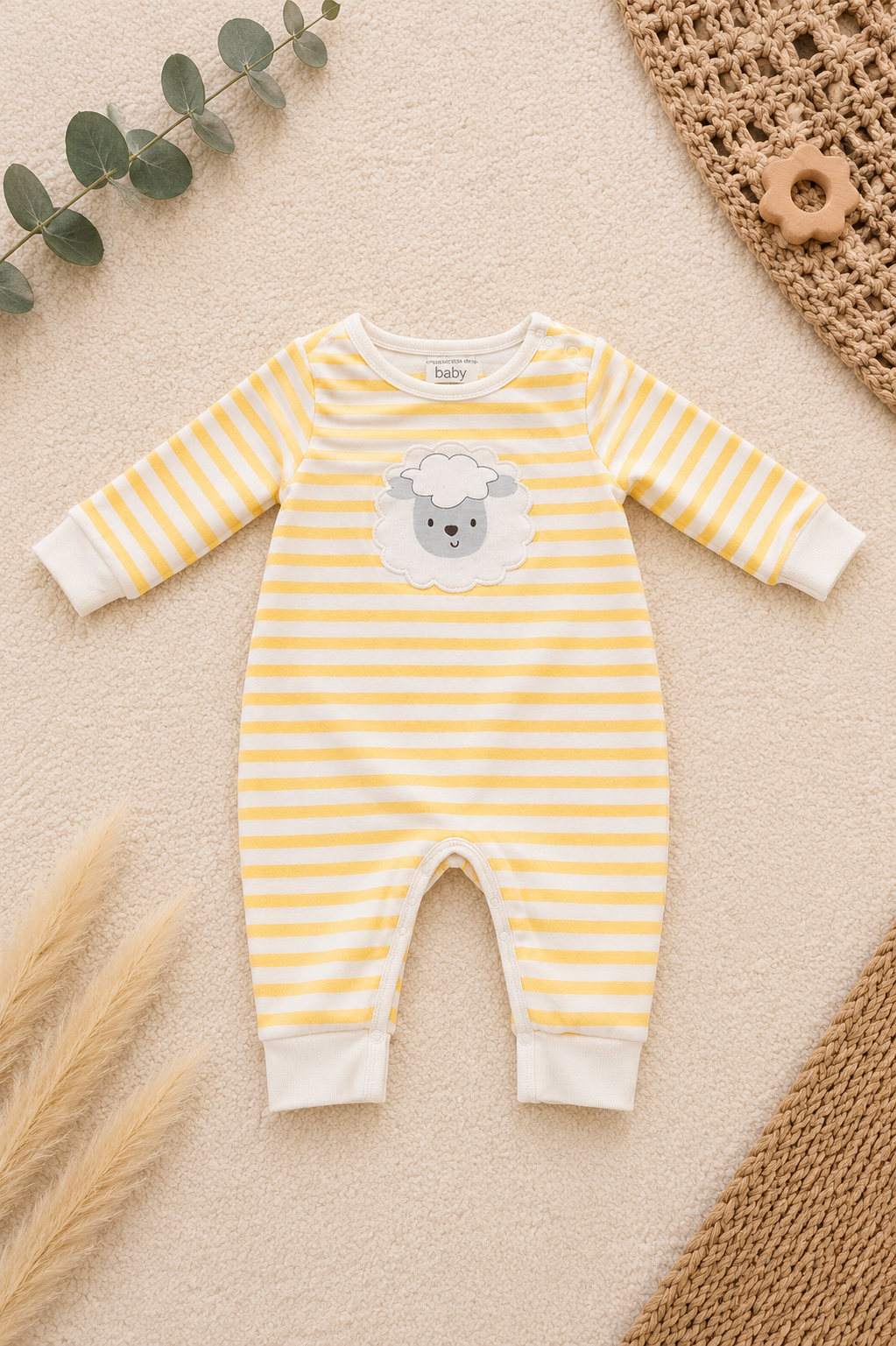 Baby Strampler Schaf gelb-weiss gestreift