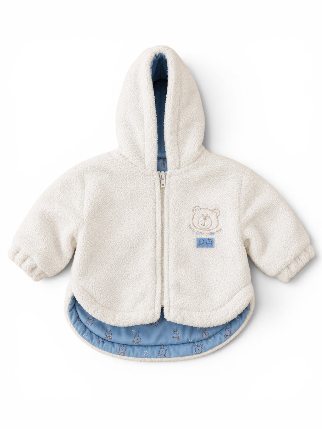 Teddyfleece-Jacke Creme Bär-Stickerei Blau Futter