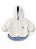 Teddyfleece-Jacke Creme Bär-Stickerei Blau Futter