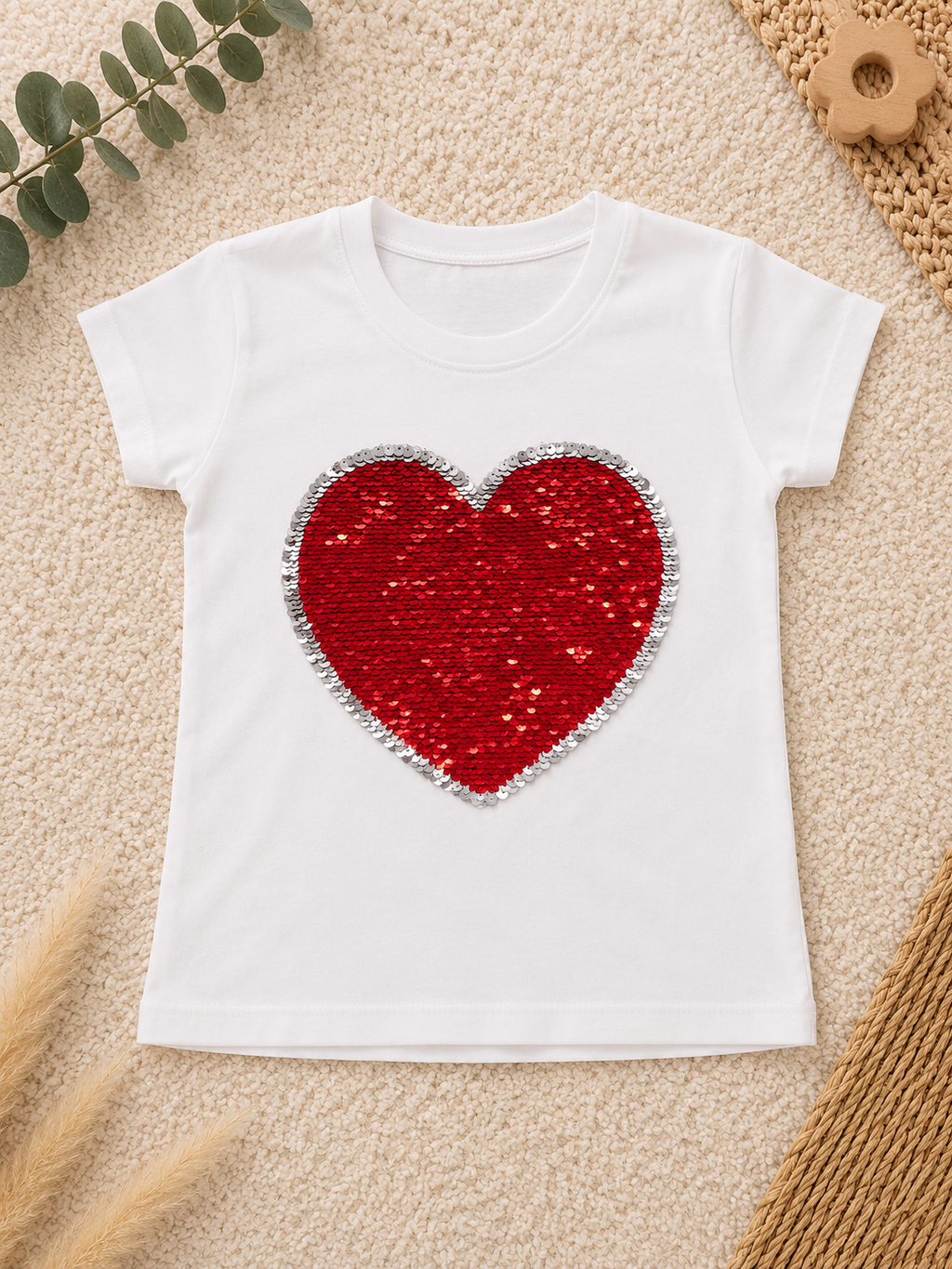 T-Shirt Herz-Pailletten weiss