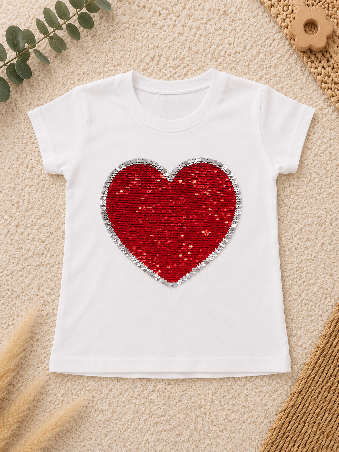 T-Shirt Herz-Pailletten weiss
