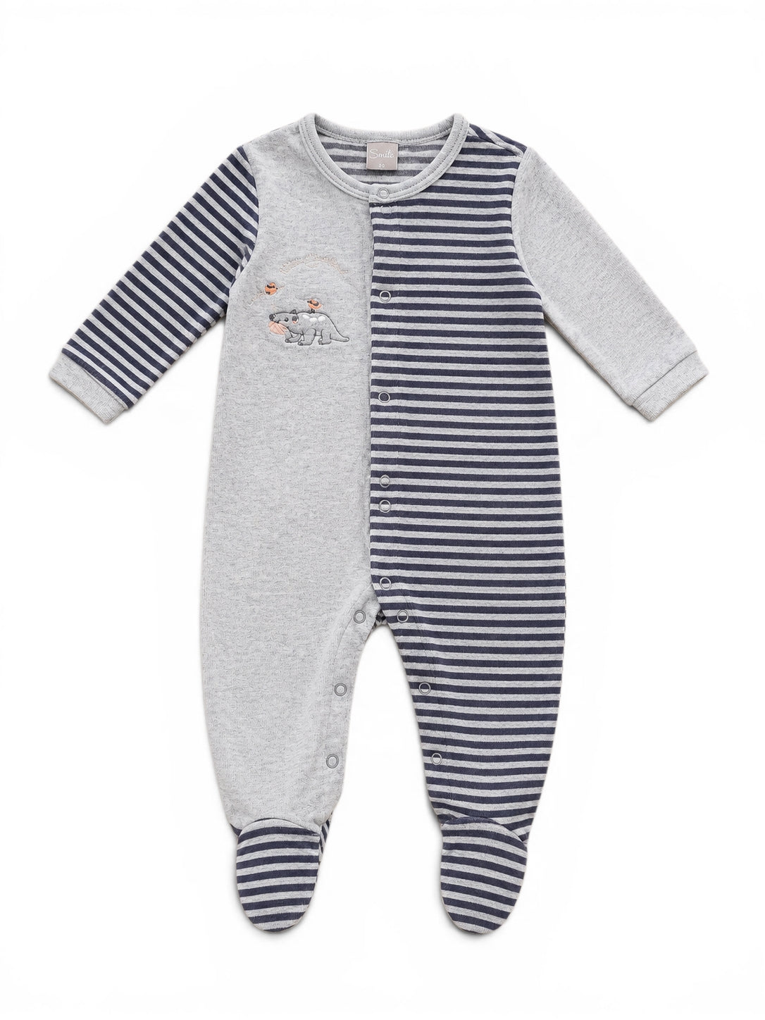 Baby-Strampler Grau/Navy Gestreift mit Eisbär