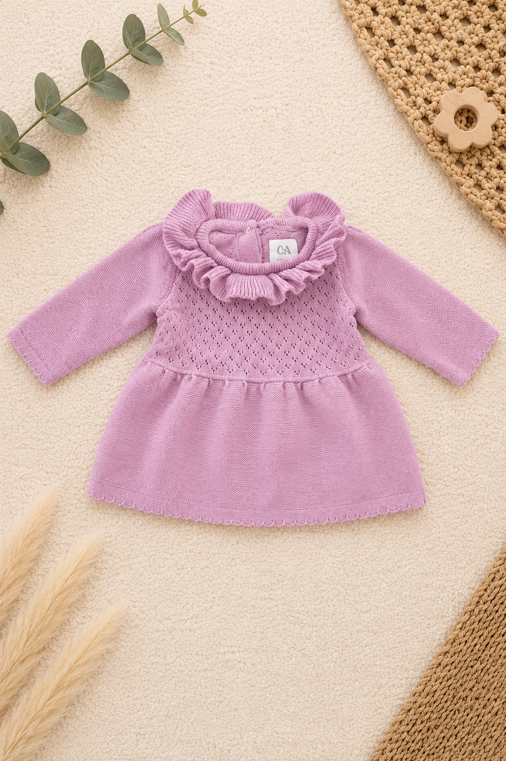 C&A Strickkleid Lila mit Rüschenkragen
