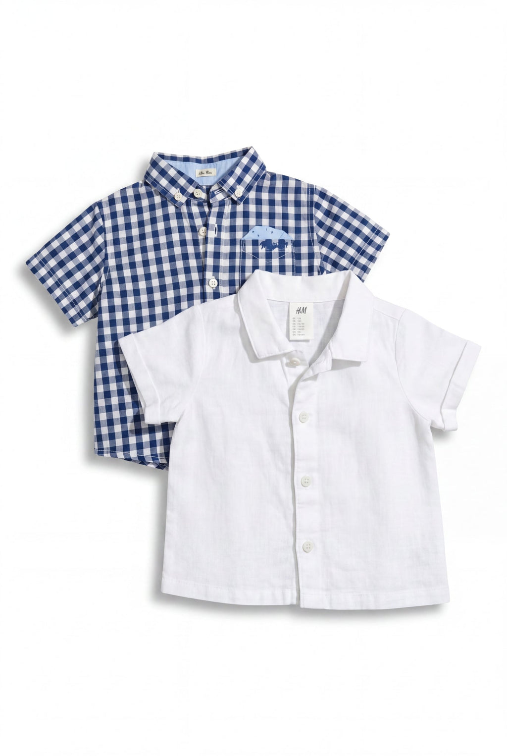 H&M 2er-Pack Kurzarmhemden Navy Karo Dino-Stickerei & Weiss Uni
