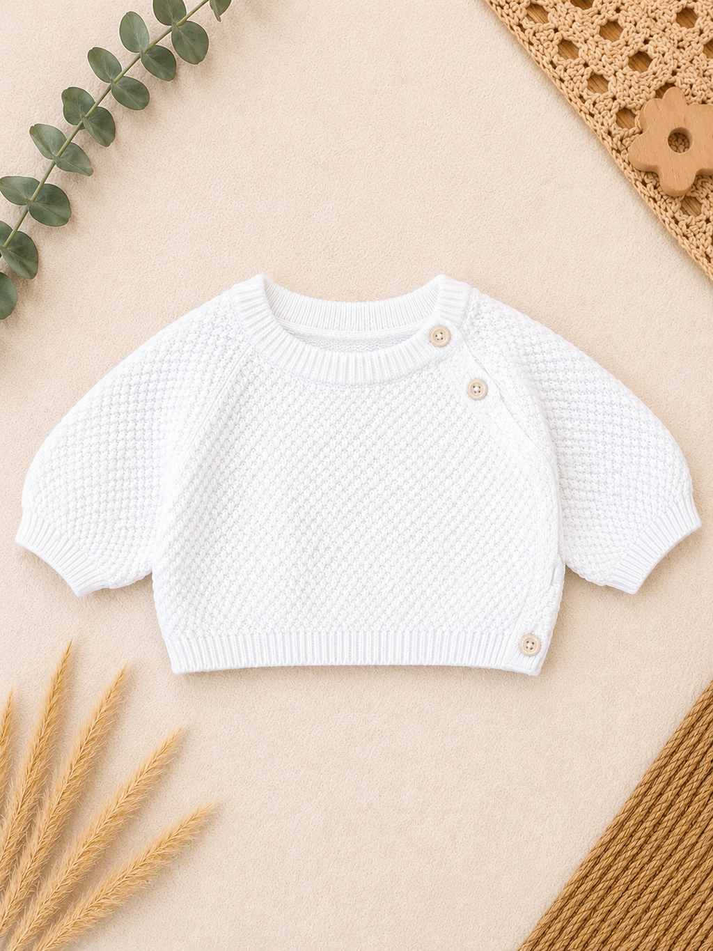 H&M Strickpullover Weiss Puffärmel Schulterknöpfe