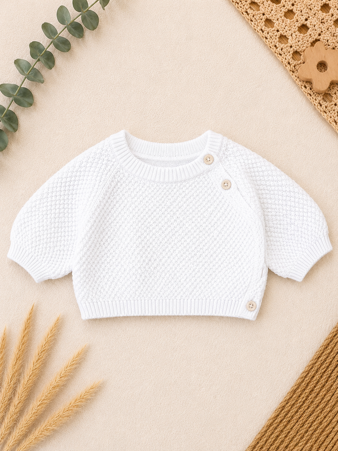 H&M Strickpullover Weiss Puffärmel Schulterknöpfe