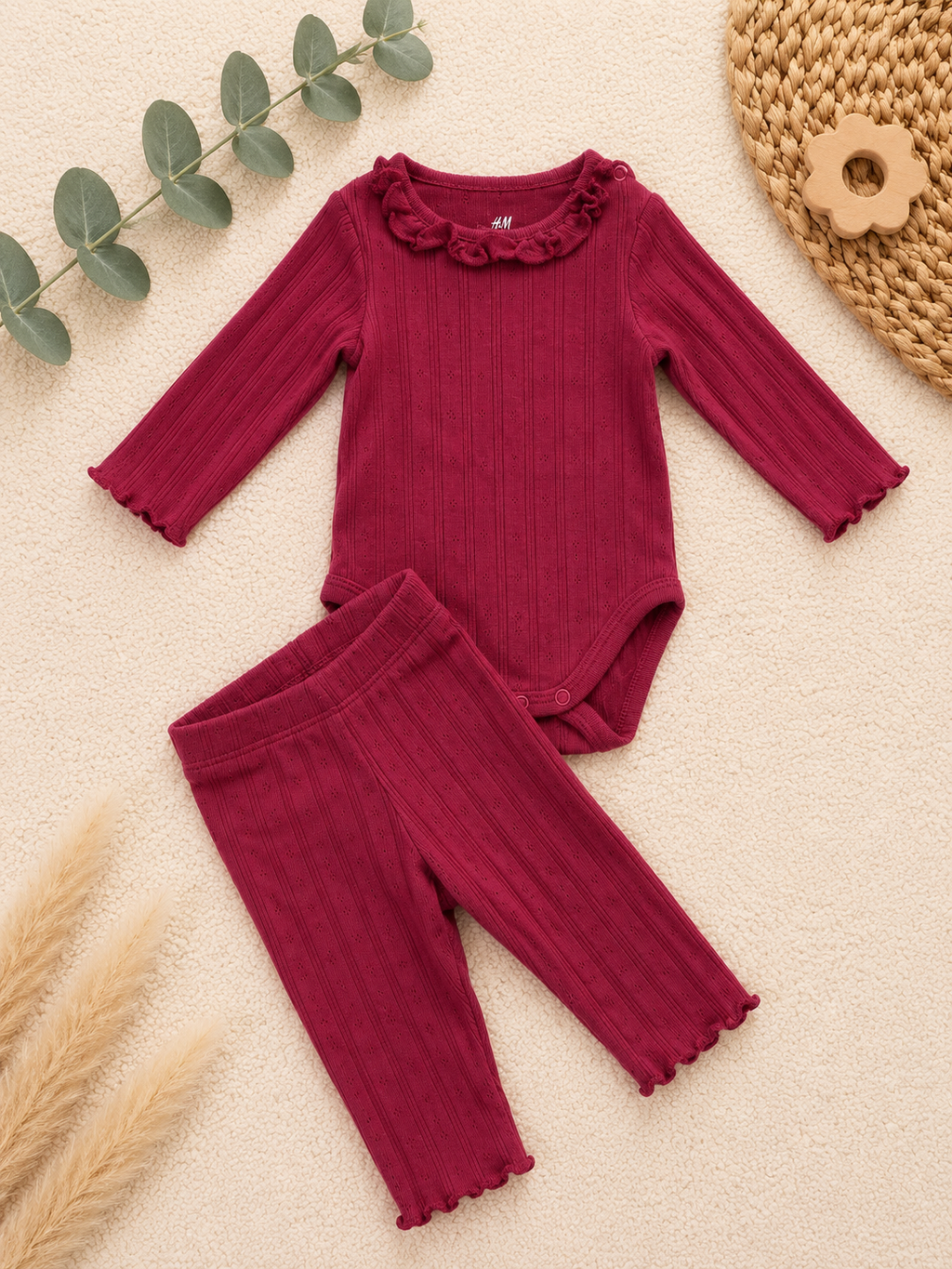 H&M Set Body & Leggings Bordeaux Rippenstrick