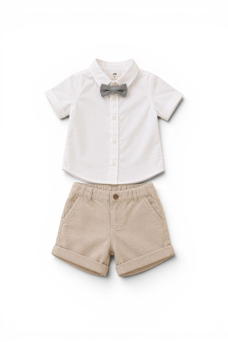 H&M 3-teiliges Festset Weiss Kurzarmhemd Fliege & Beige Chino-Shorts & Sakko
