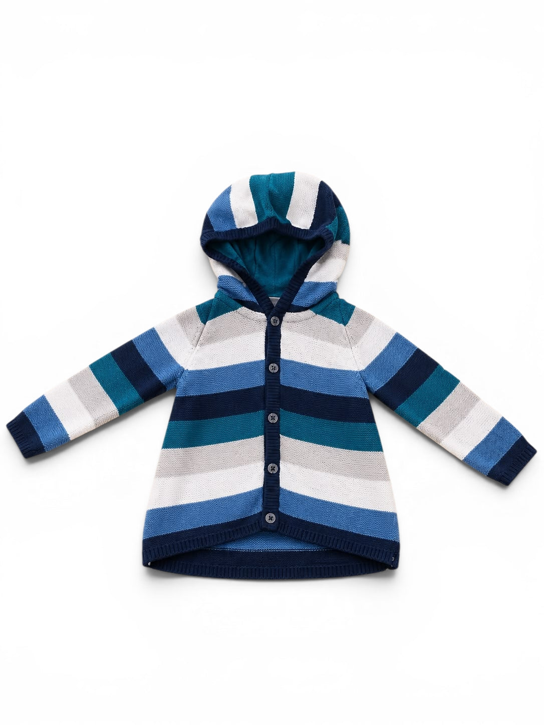 Baby-Strickjacke Gestreift Blau/Teal mit Kapuze