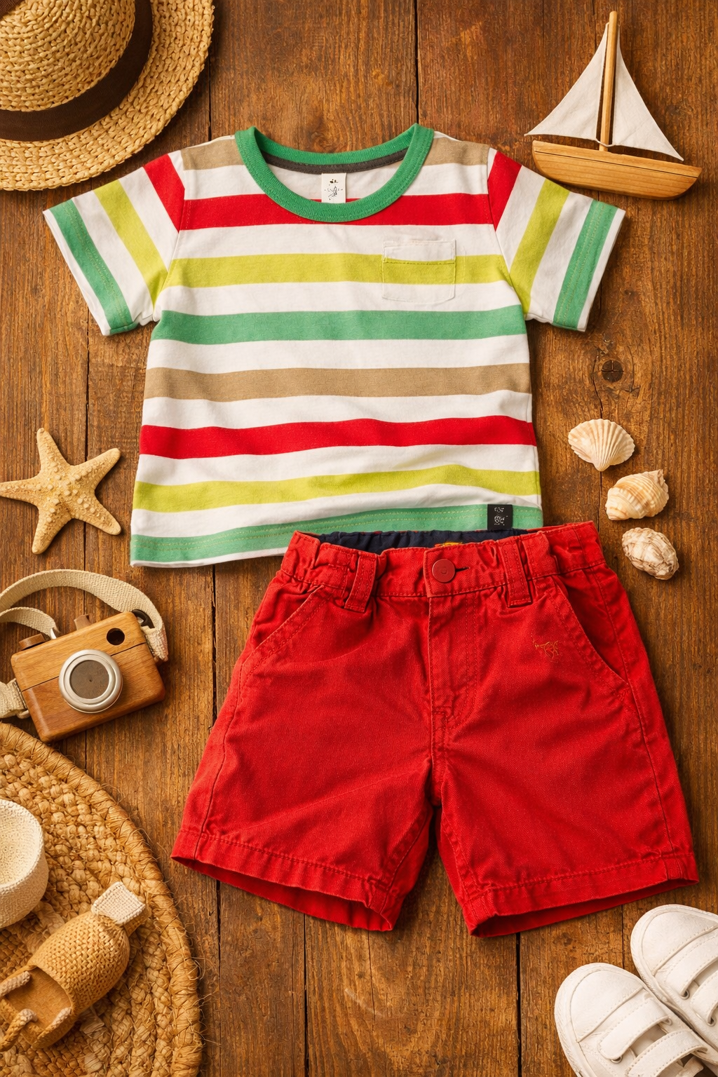 Summer Baby Set - Striped T-Shirt & Red Shorts