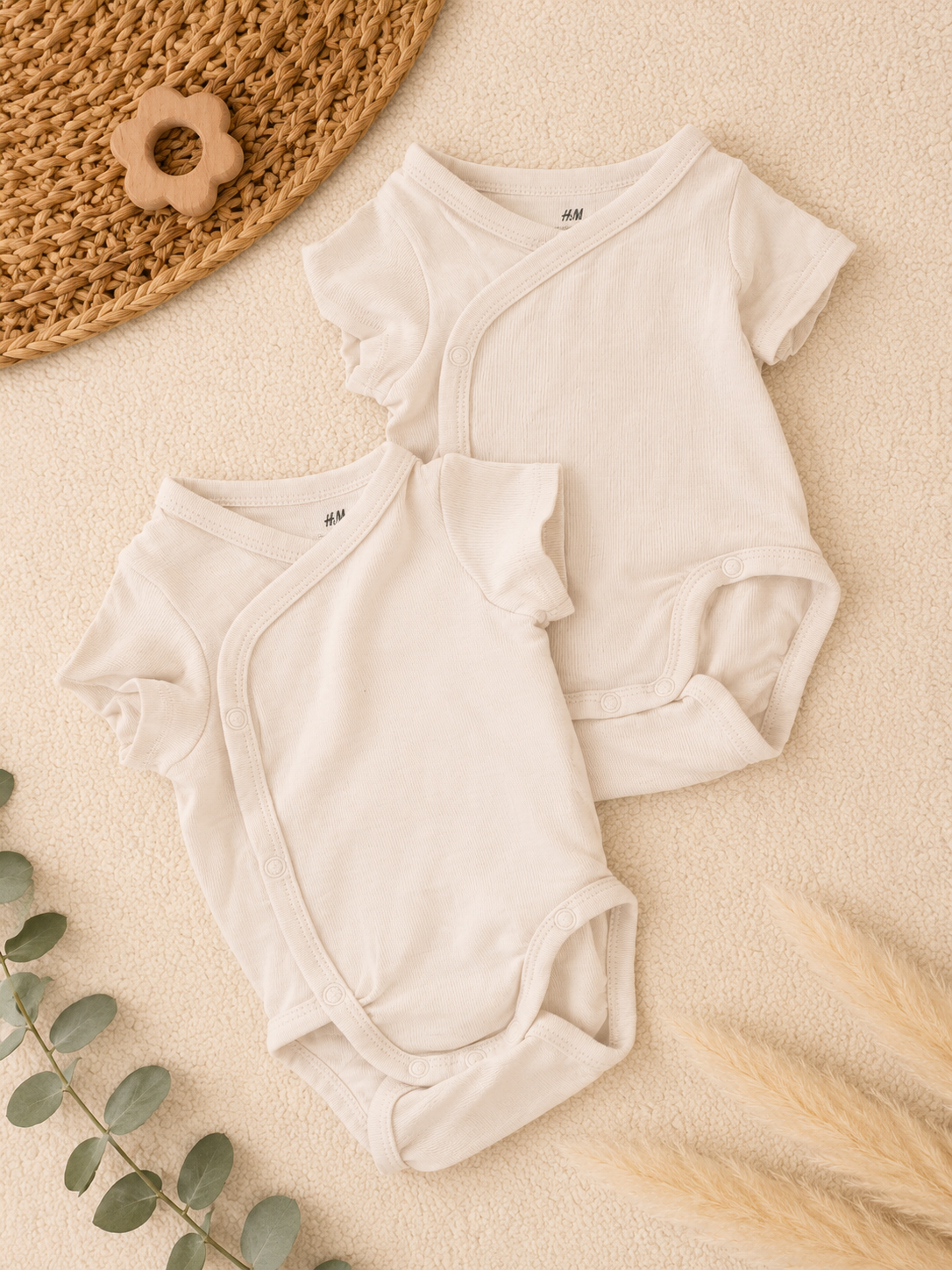 H&M 2er-Pack Wickelbodys Kurzarm Creme Rippenstrick