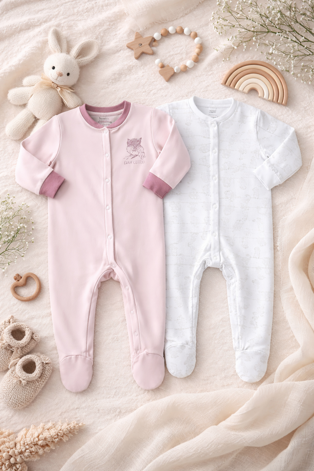 2er Set Baby Schlafanzüge Rosa & Weiß