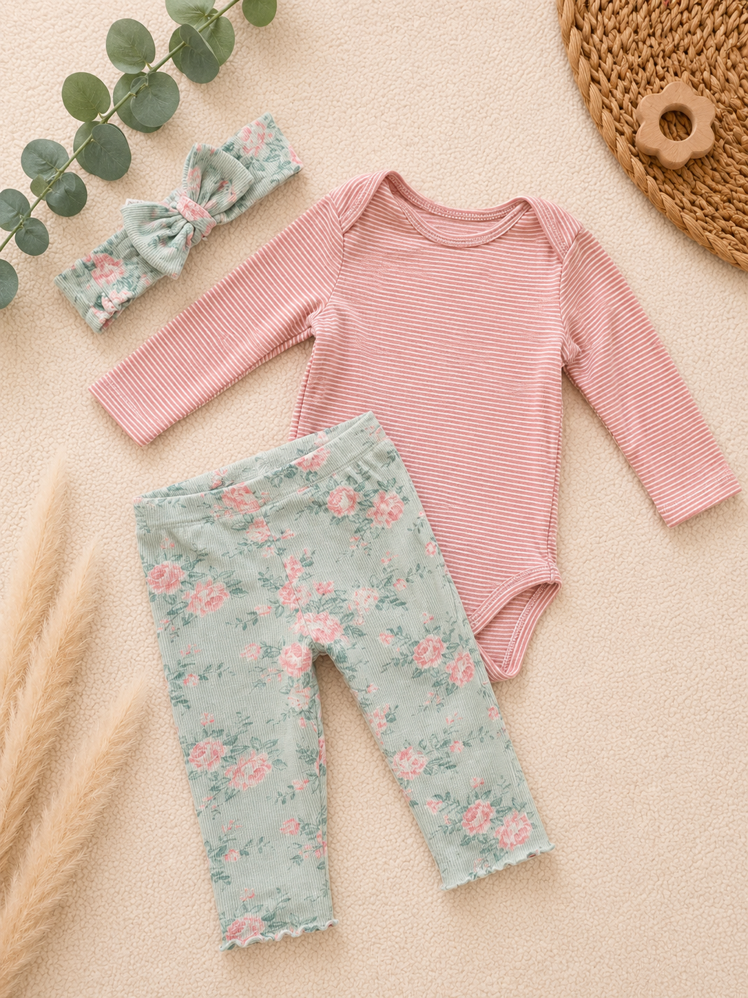 3-teiliges Set Body Rosa Gestreift, Leggings Mint Blumen & Haarband