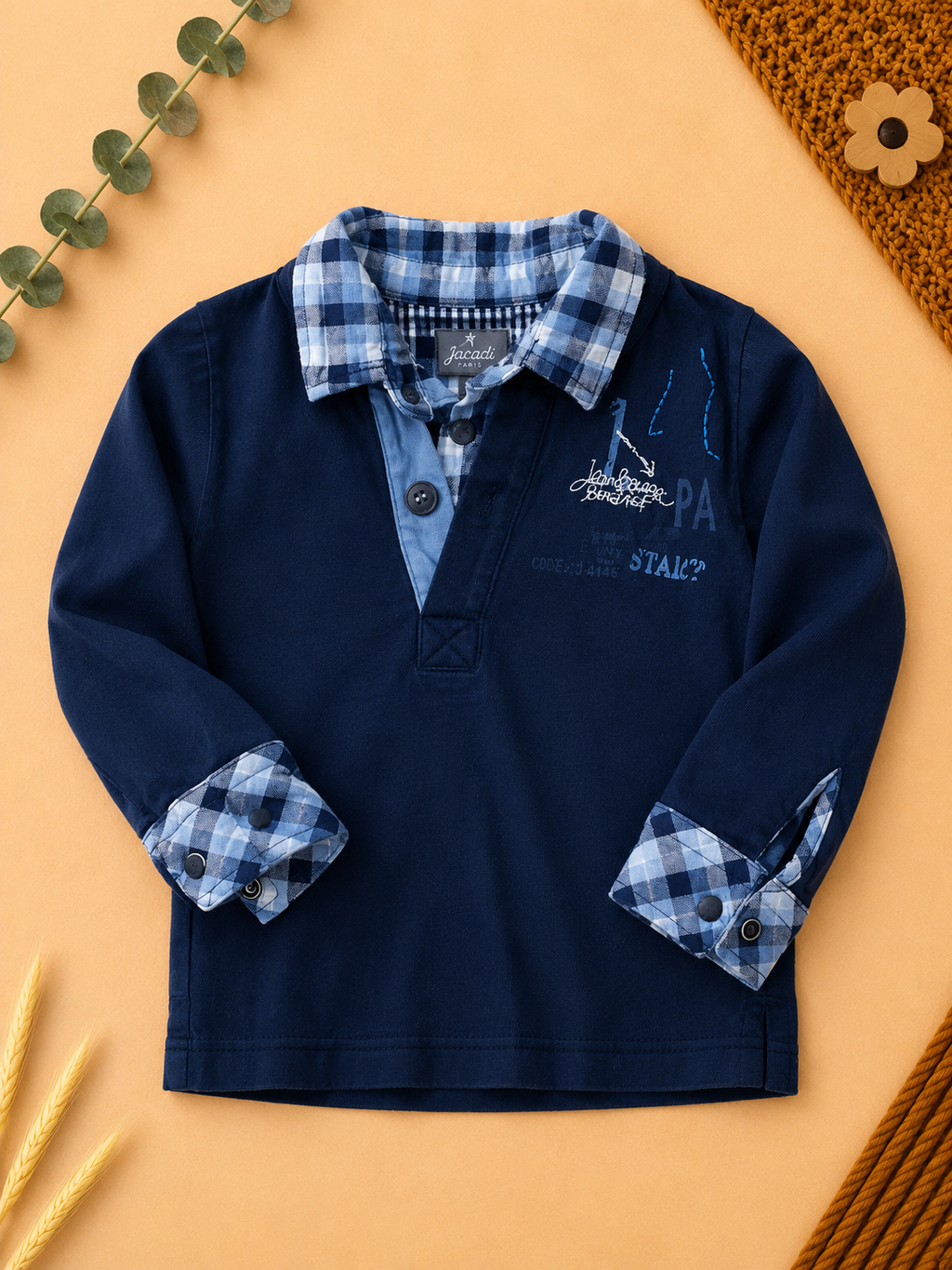 Jacadi Langarm-Poloshirt Navy Karo-Kragen & Manschetten
