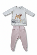 H&M/C&A 2-teiliges Set Weiss Bambi-Print & Rosa Sternchen-Strampelhose