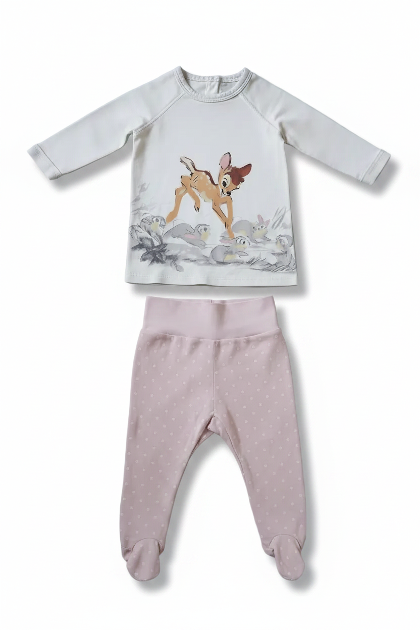 H&M/C&A 2-teiliges Set Weiss Bambi-Print & Rosa Sternchen-Strampelhose