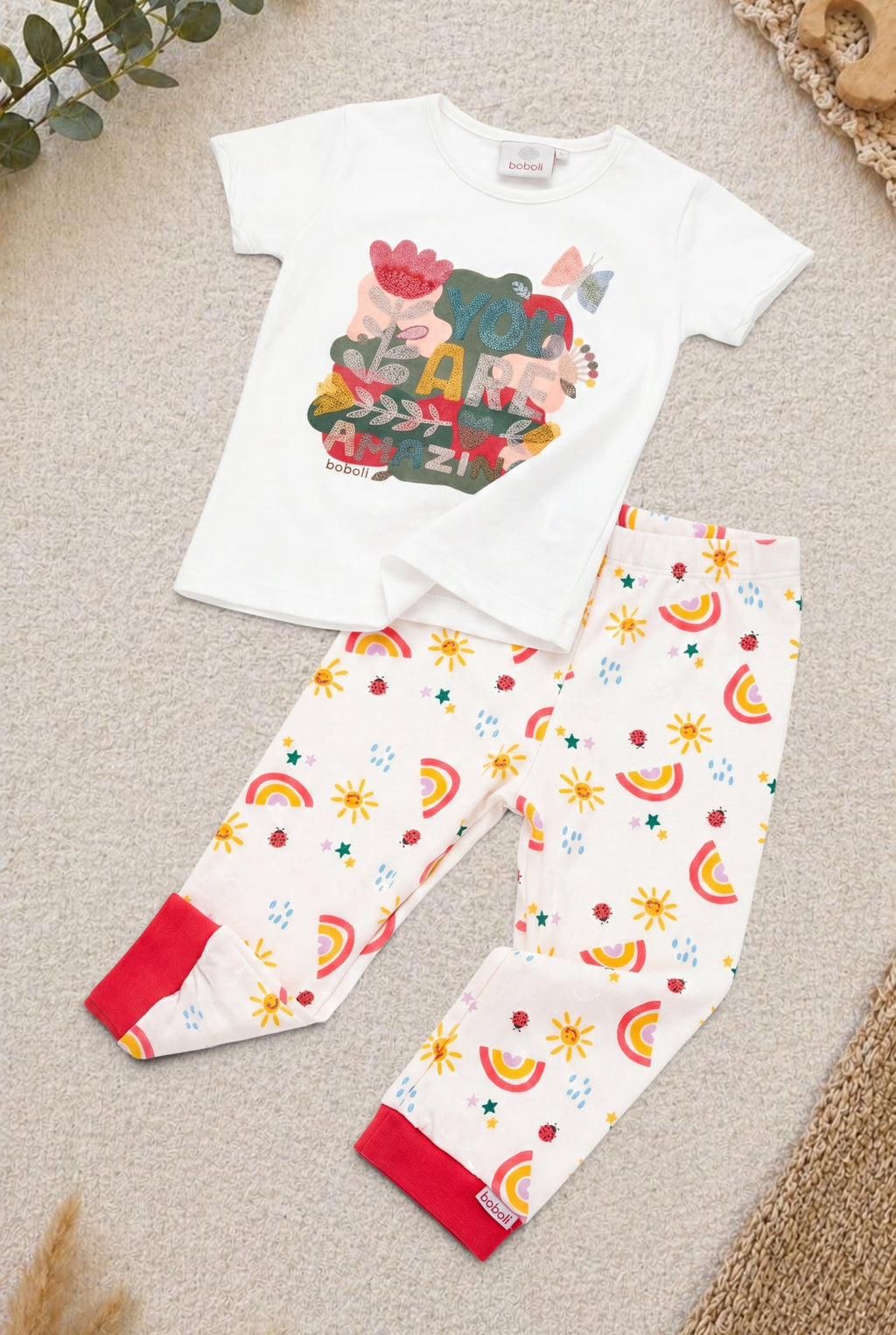 Boboli 2-teiliges Set Weiss Blumen-Print T-Shirt & Creme Regenbogen-Hose