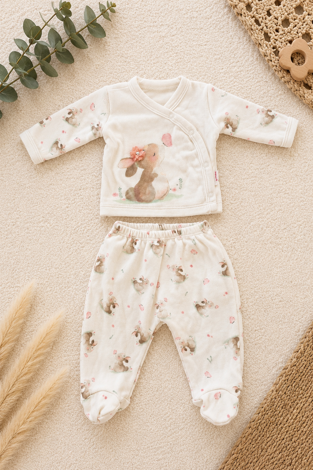 Set Wickelshirt & Strampelhose Häschen Creme