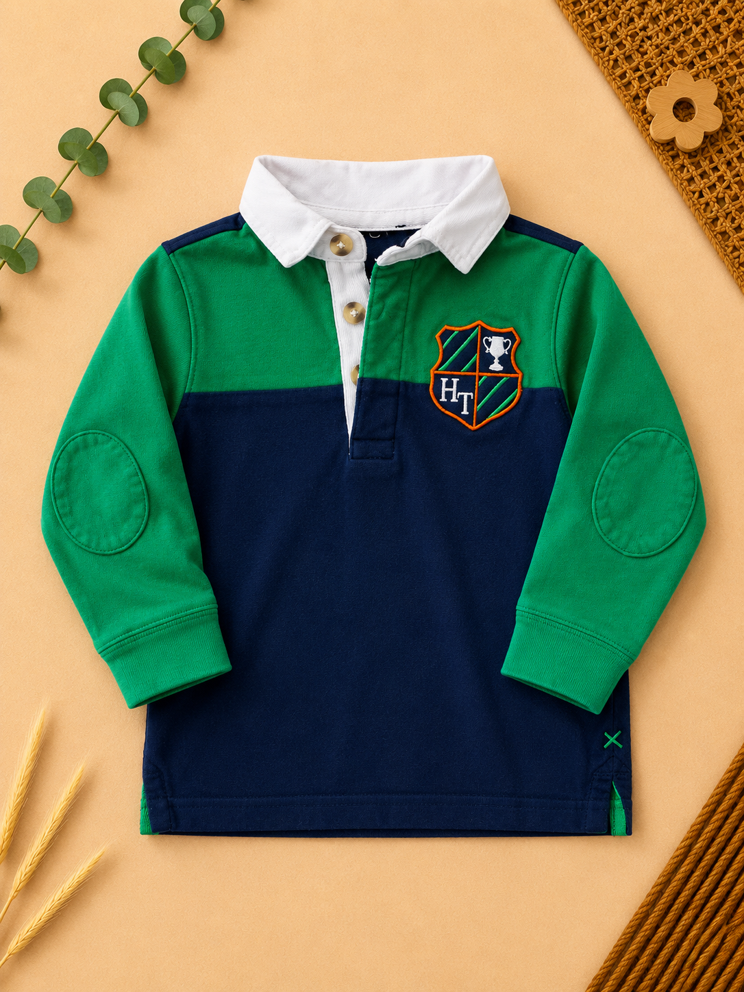 Langarm-Rugbyshirt Grün Navy HT Wappen-Stickerei