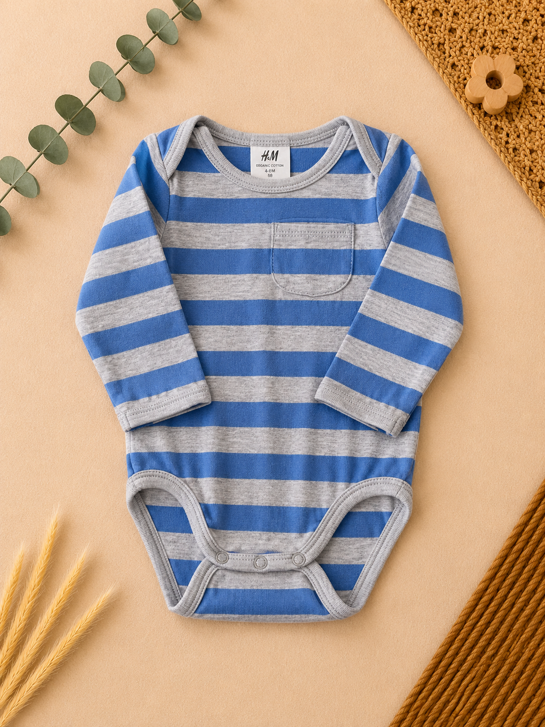 H&M Langarm-Body Blau-Grau Gestreift