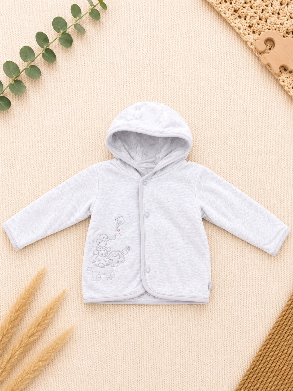 Baby-Veloursjacke Grau-Melange Bären-Drachen