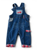 Jeans-Latzhose Blau Rennwagen-Stickerei Karo-Futter