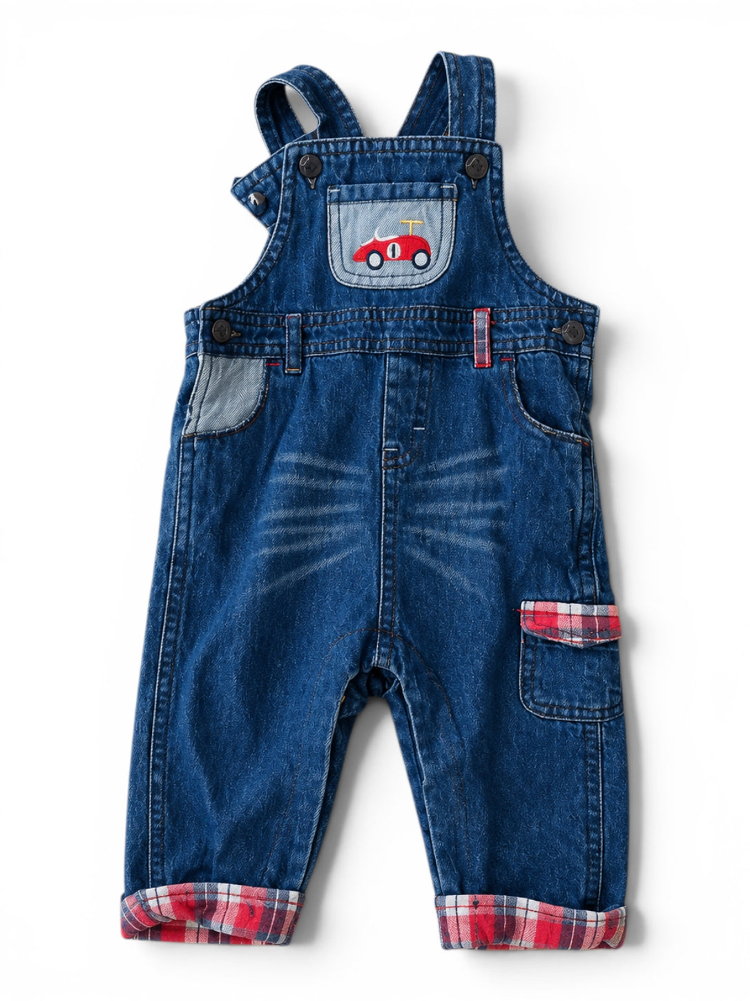Jeans-Latzhose Blau Rennwagen-Stickerei Karo-Futter