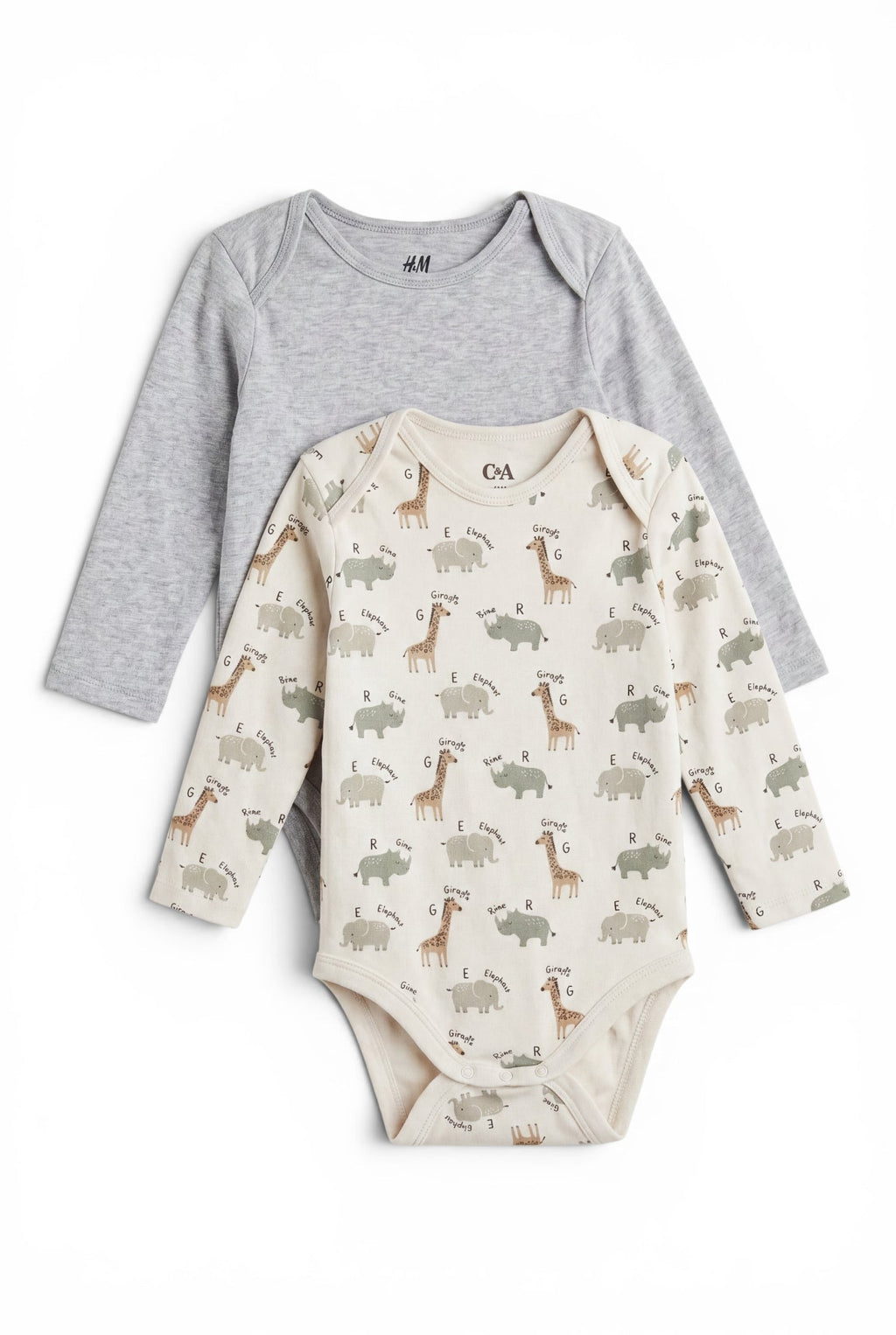 H&M/C&A 2er-Pack Langarm-Body Grau & Creme Tiere